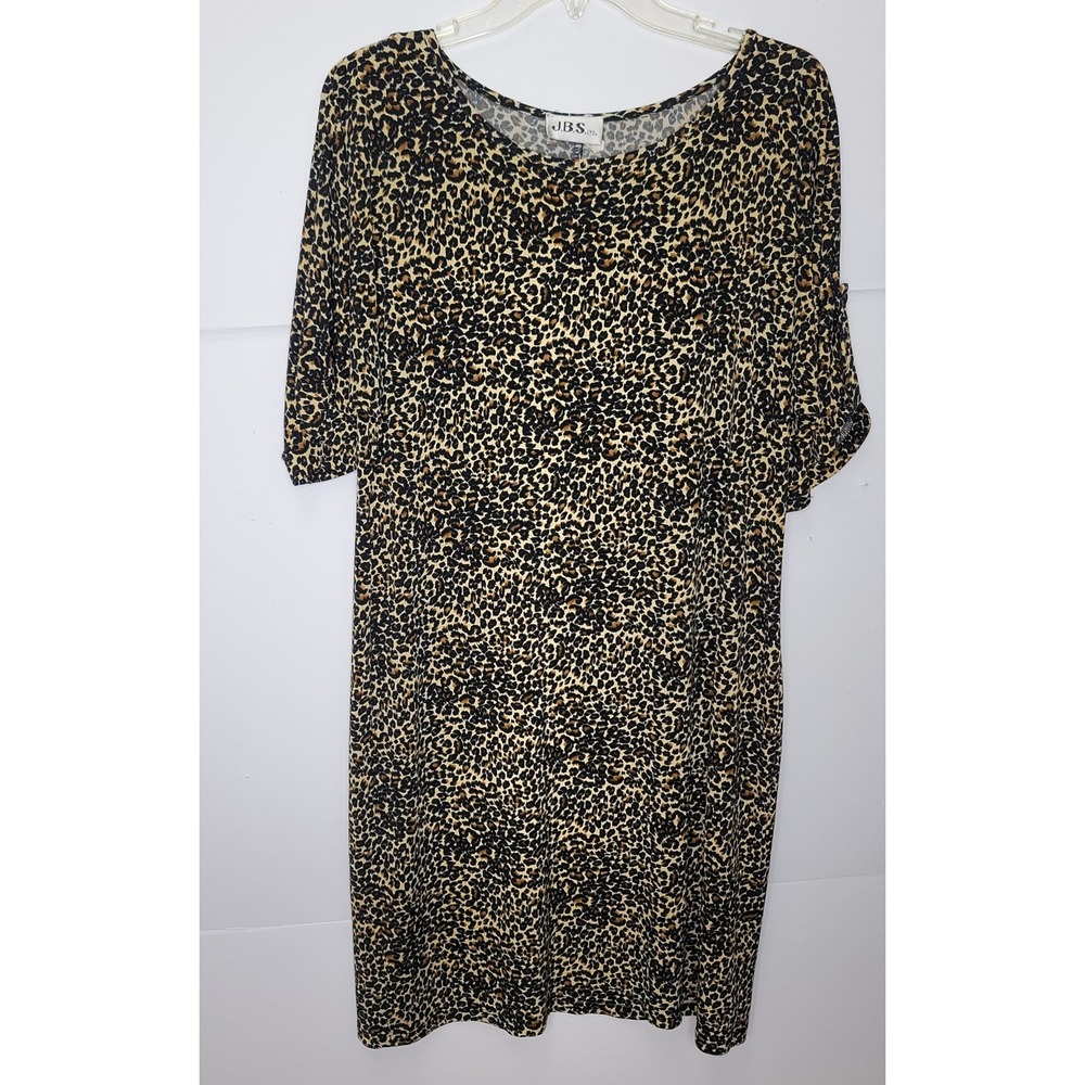 JBS Knit Shift Dress Womens 12 Brown Leopard Short Sleeve Button Tab Boho Office